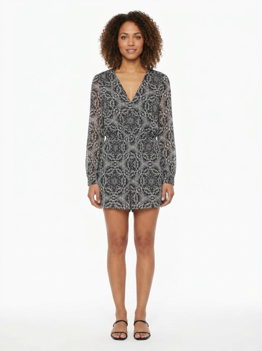 BCBGeneration Black Chiffon Geometric Lined Romper Jumpsuit Women Size M